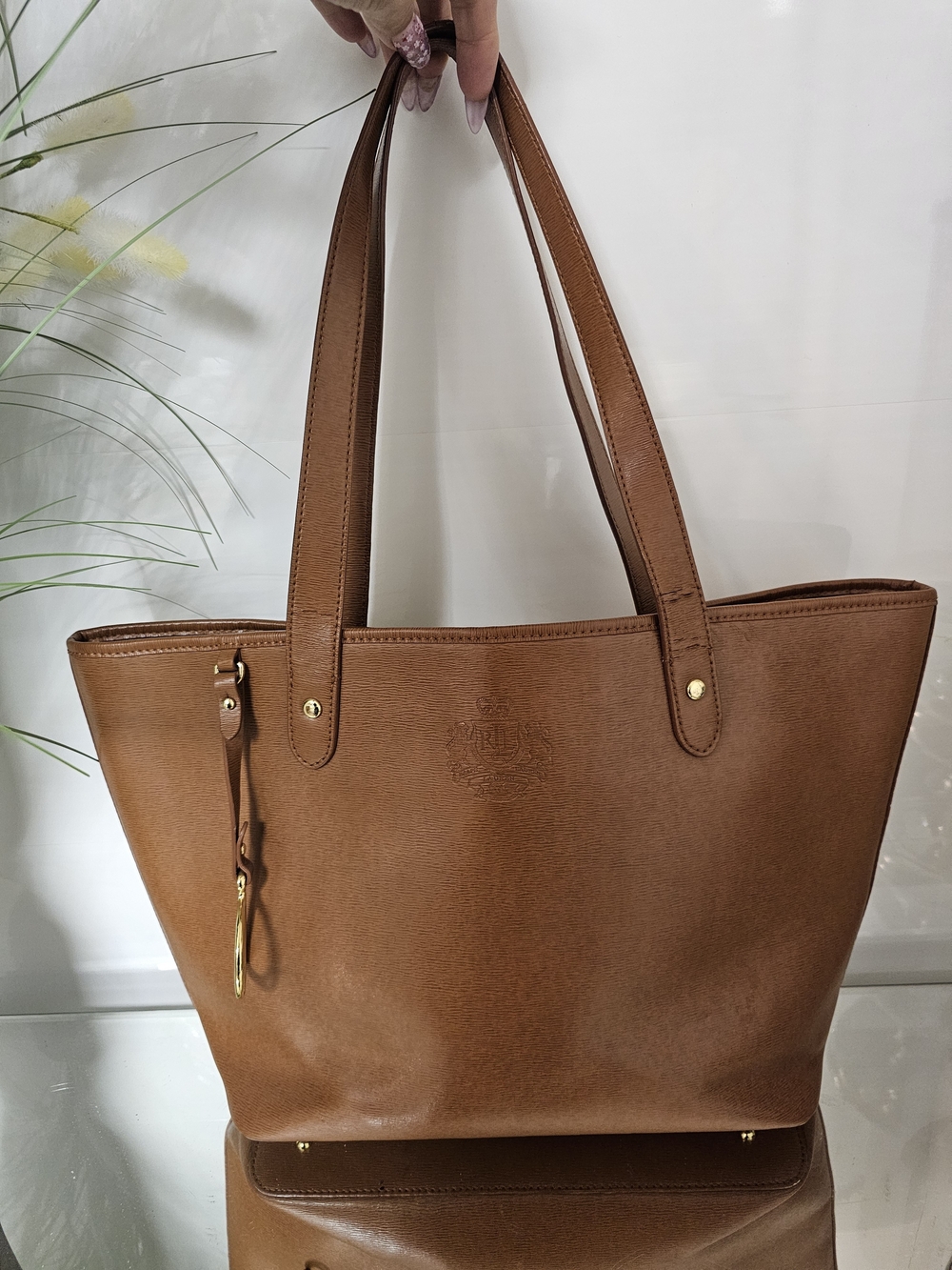 Lauren Ralph Lauren Newbury Tan Leather Tote with Gold Accents